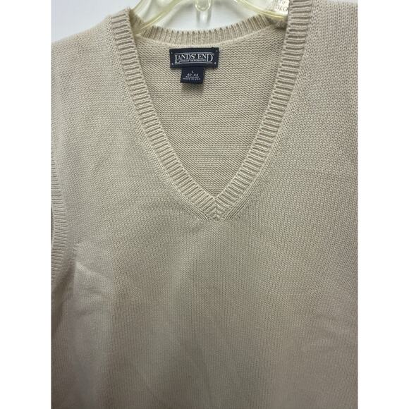 VTG Lands' End Mens L 42-44 V-neck tan Sweater Vest knit off white brown - Picture 3 of 3